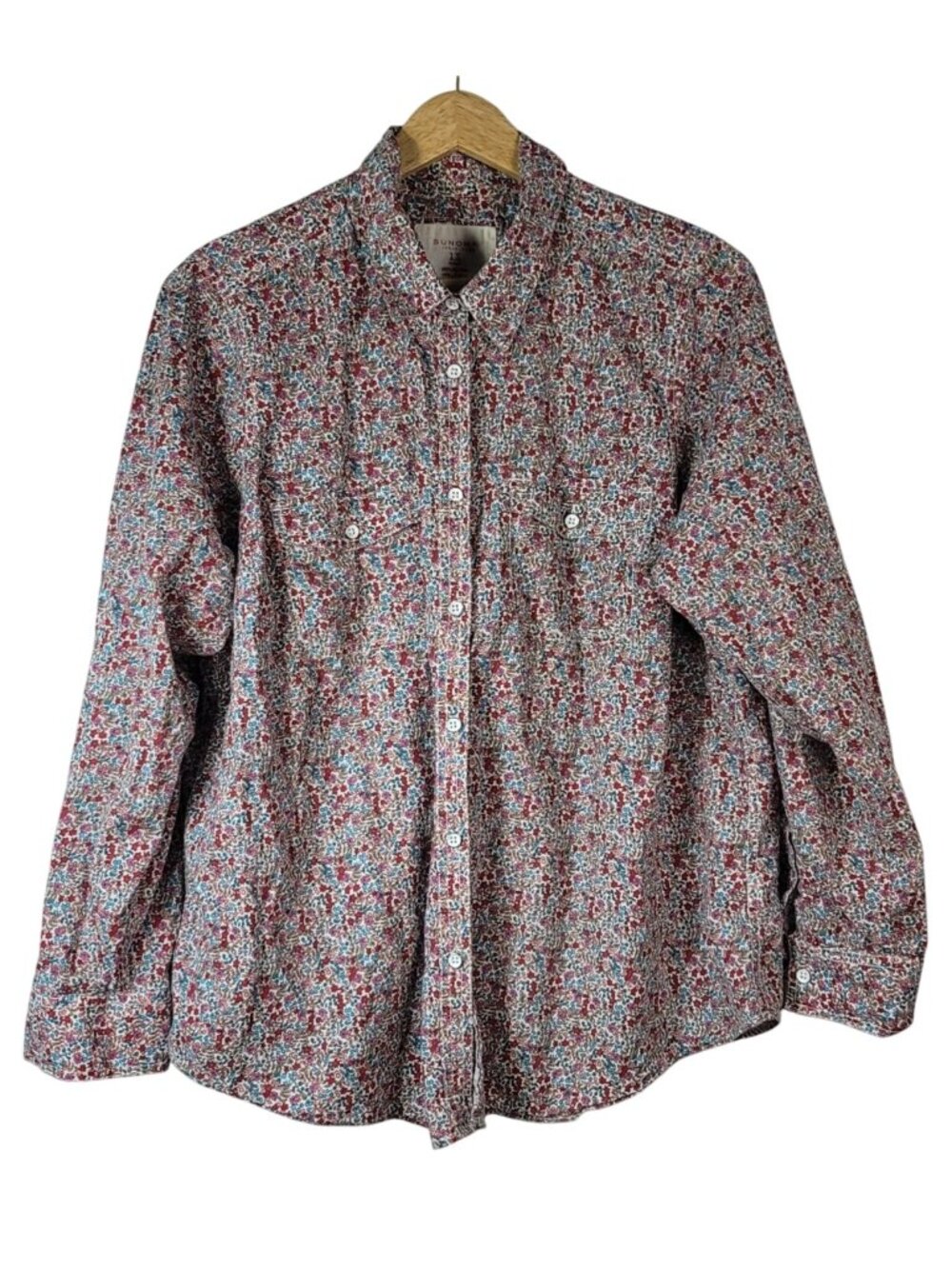 Sonoma Women Floral Top Pink Red 1X Long Sleeve Collar Button Pockets Cotton